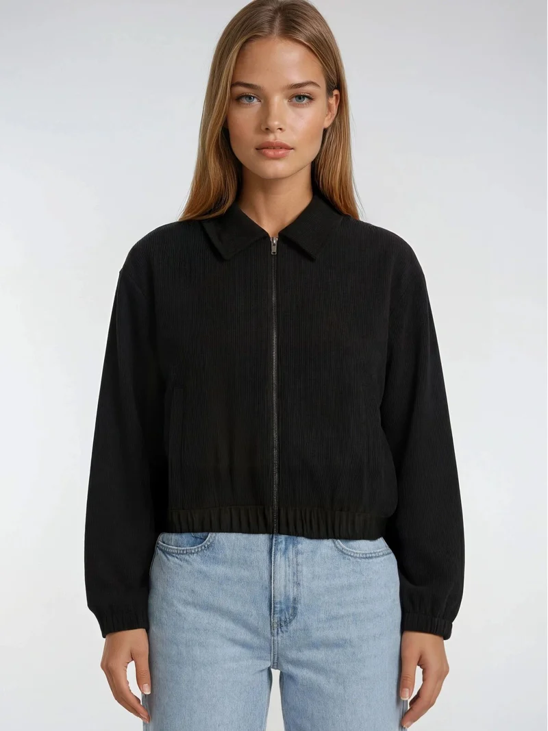 MixRay Black MIXRAY Relaxed Fit Zipper Jacket with Pockets for Women | Best Price UAE